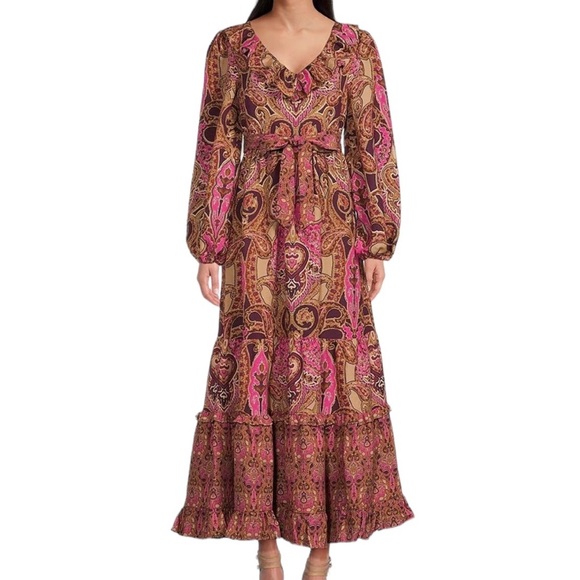 Ailen Paisley Print One Shoulder Tassel Details Ruffle Hem Maxi Dress